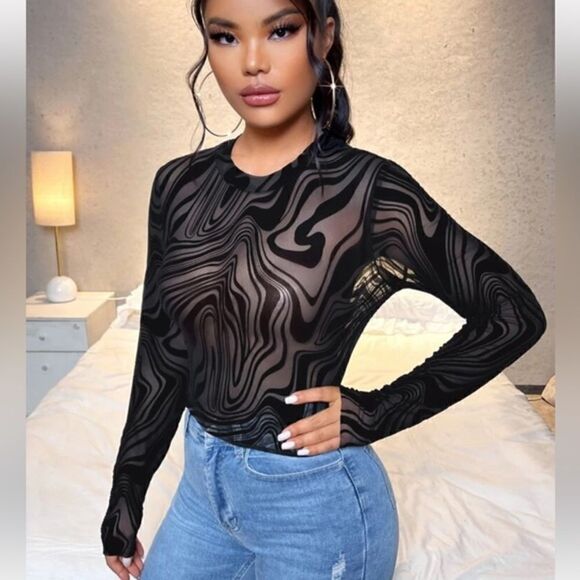 SHEIN Marble Print Sheer Mesh‎ Crop Top NWOT - Picture 1 of 4